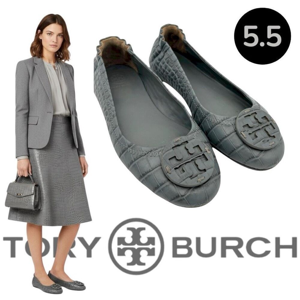 Tory Burch Women's Leather Croc Embossed Minnie Travel Ballet Flats Gray Sz 5.5